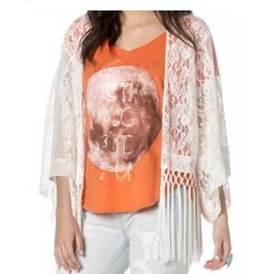 Miss Me Open Lace Cardigan Women’s Size M Fringed Delicate Romantic Boho Ivory